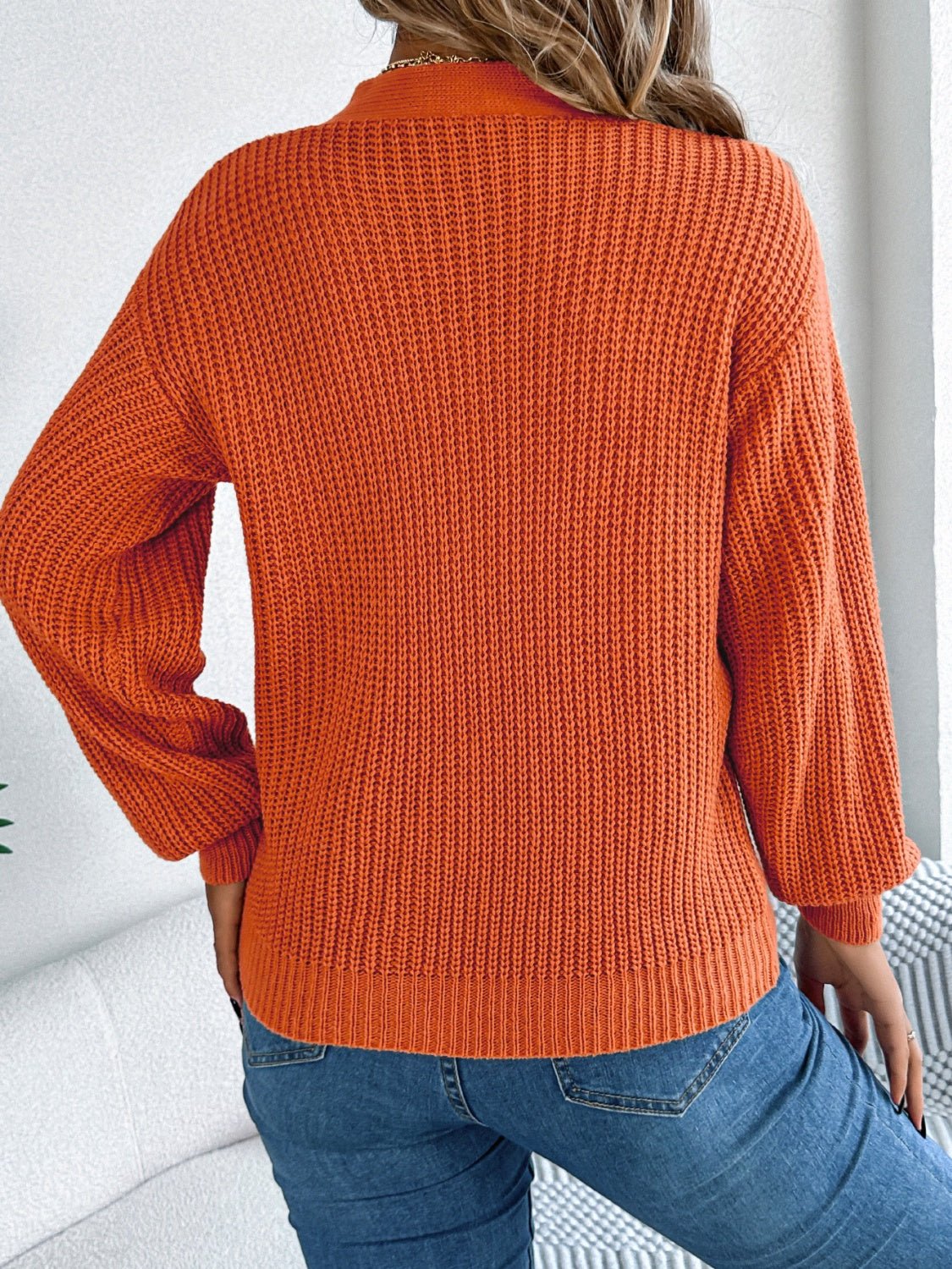 Cutout V - Neck Long Sleeve Sweater - Rochelle's House LLC