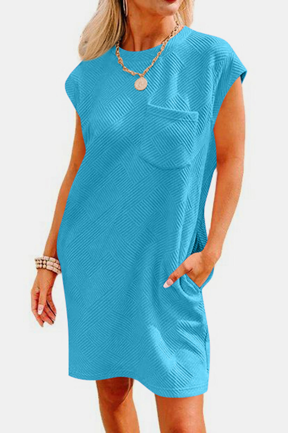 Women's Clothing, Textured Round Neck Cap Sleeve Dress, Front View Sky Blue, Rochelle's House