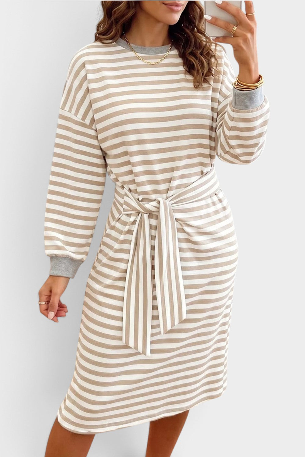 Stripe Striped Colorblock Cuffs Round Neck Long Sleeve Shift Dress