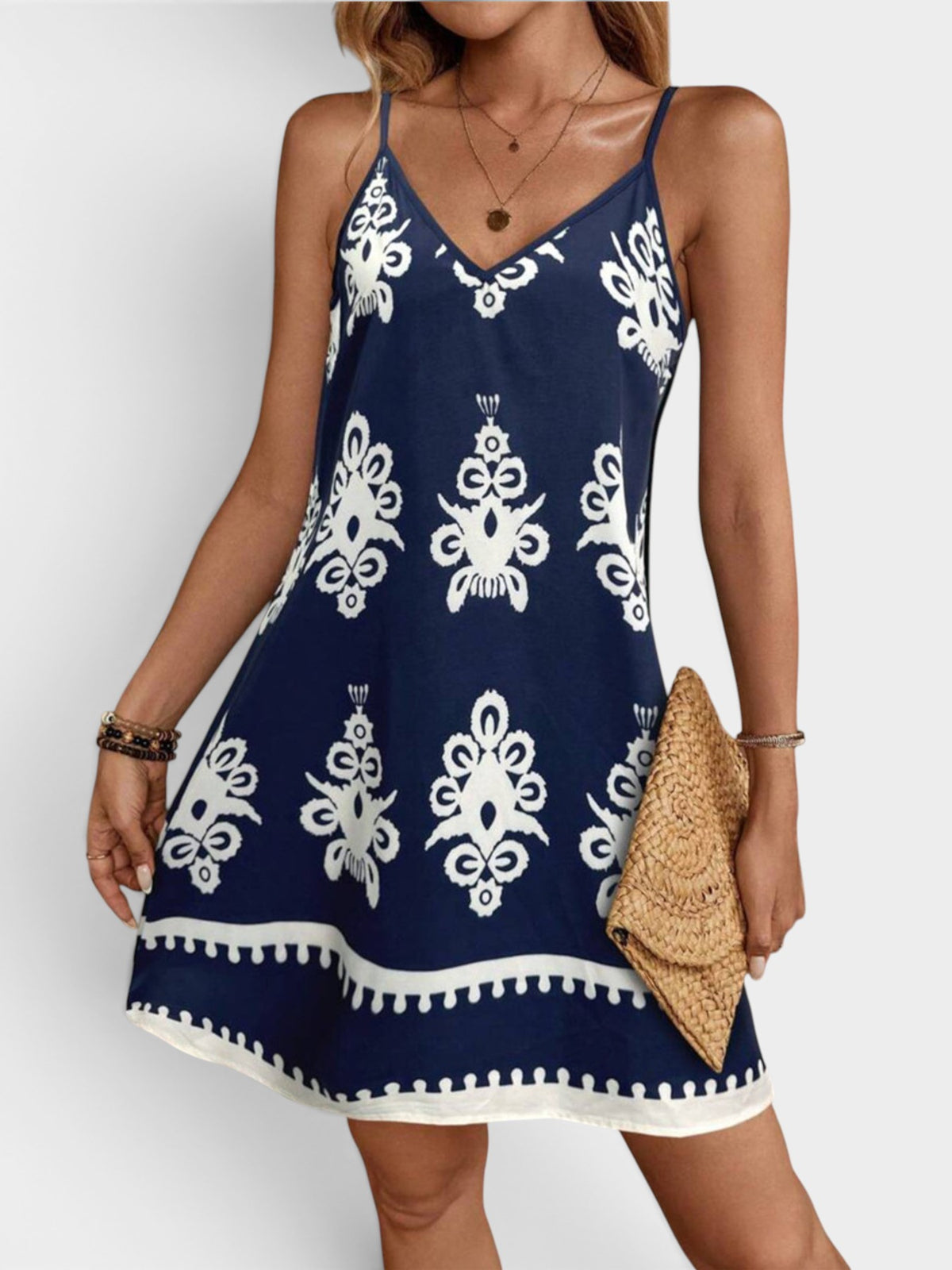 Printed V-Neck Sleeveless Mini Dress