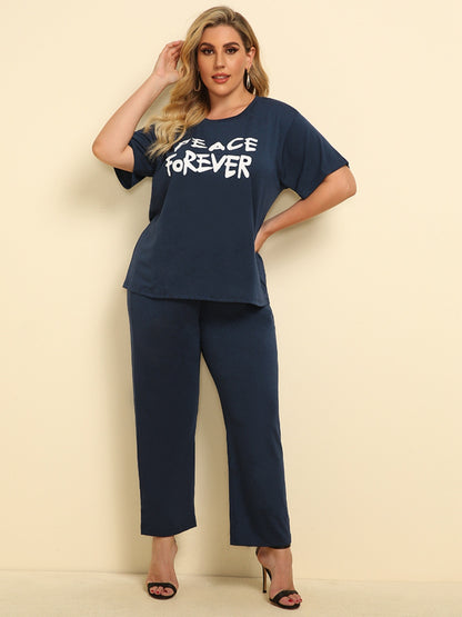 Plus Size PEACE FOREVER Short Sleeve Top and Pants Set