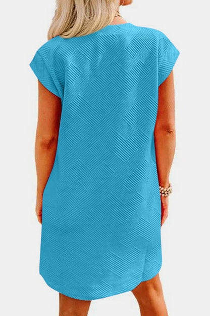 Women's Clothing, Textured Round Neck Cap Sleeve Dress, Back View Sky Blue, Rochelle's House