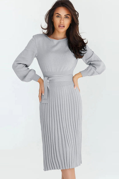 Round Neck Long Sleeve Pleated Sweater Dress