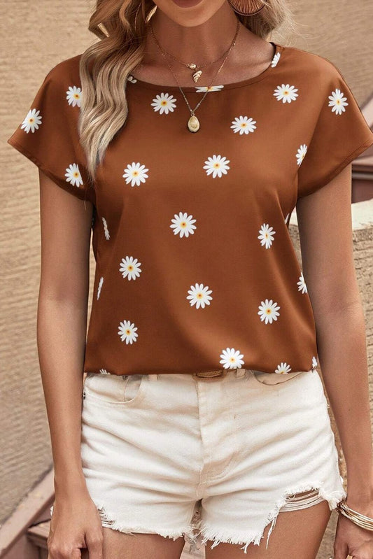 Front view of Daisy Printed Round Neck Short Sleeve Blouse in Caramel showing neckline and sleeve details (97% polyester and)