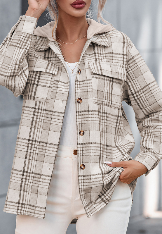 Plaid Removable Hood Button Up Shacket