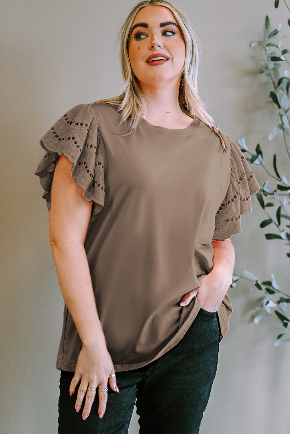 Plus Size Eyelet Round Neck Short Sleeve Blouse