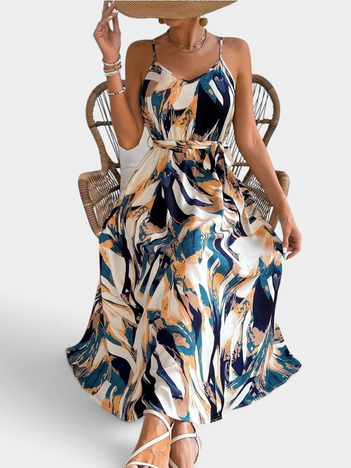 Abstract Print Tie Waist Cami Dress