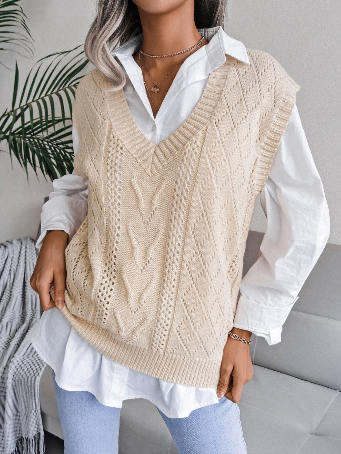 Openwork V-Neck Sweater Vest