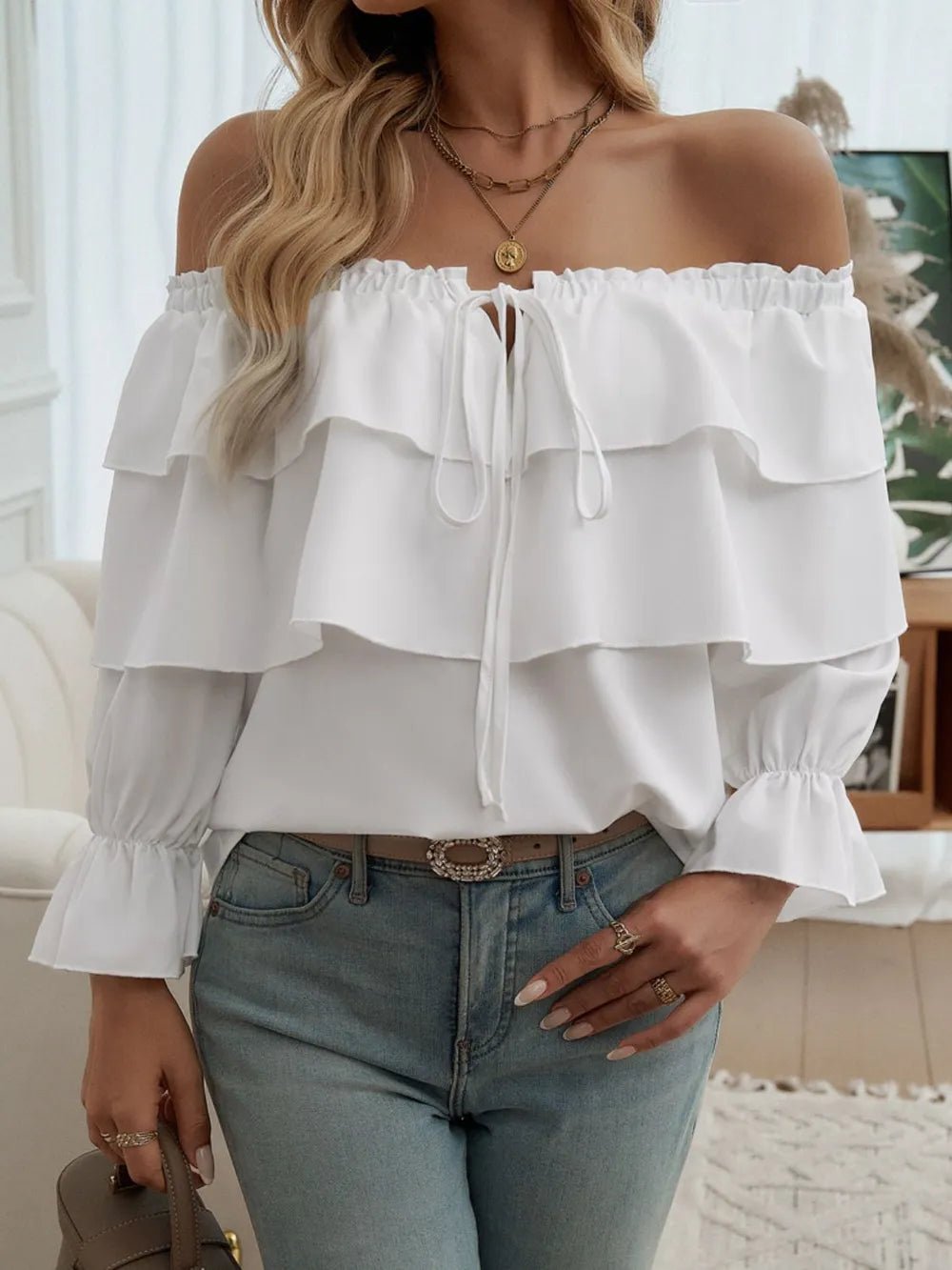Devine Off - Shoulder Flounce Sleeve Blouse - Rochelle's House LLC