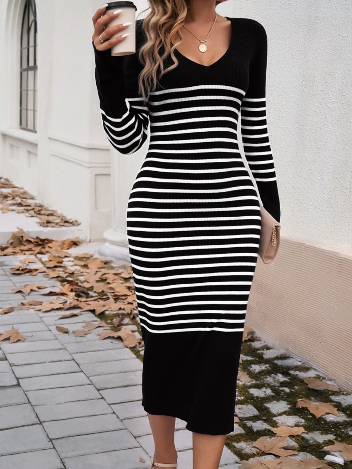 Devine Striped V - Neck Long Sleeve Sweater Dress - Rochelle's House LLC