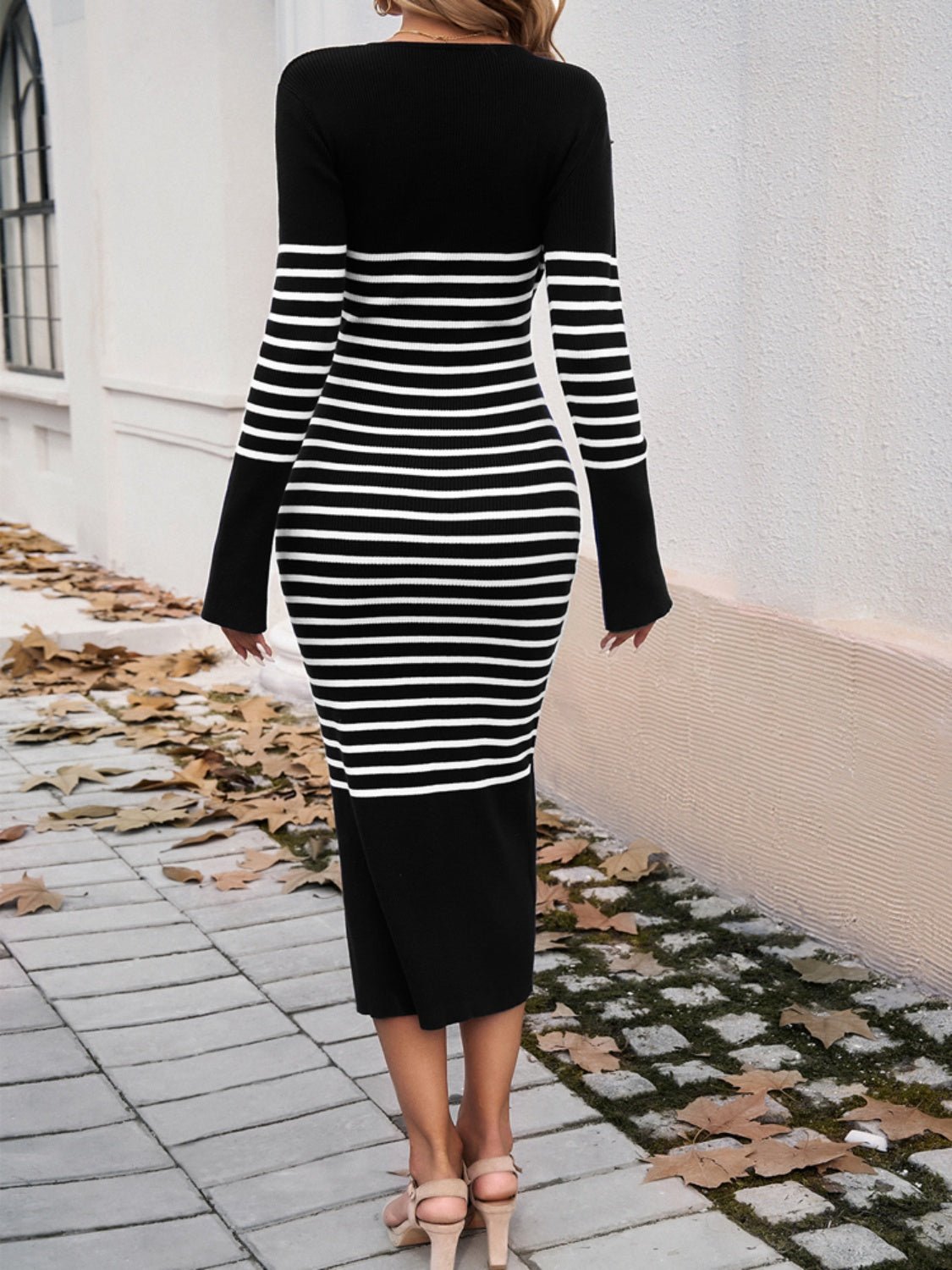 Devine Striped V - Neck Long Sleeve Sweater Dress - Rochelle's House LLC
