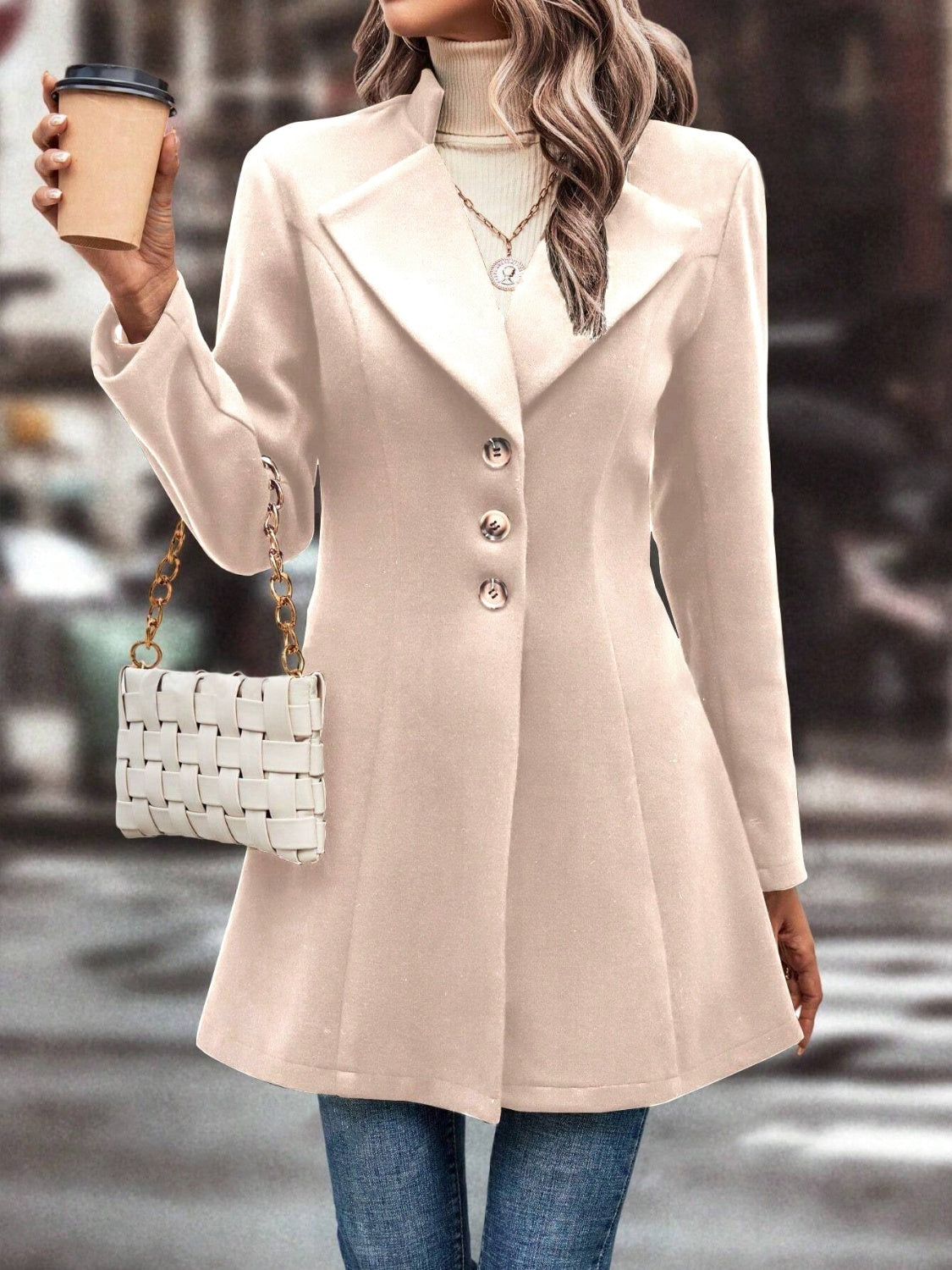 Collared Neck Long Sleeve Longline Coat