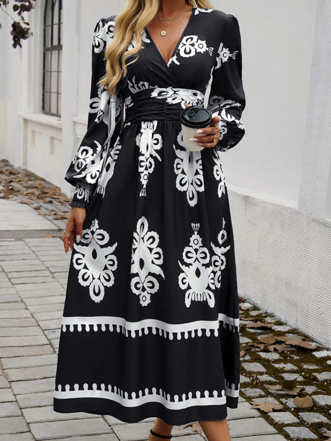 Printed Surplice Lantern Sleeve Midi Dress