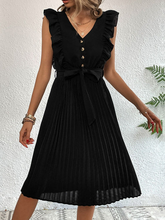 Perfee Buttoned Ruffle Trim Belted Pleated Dress