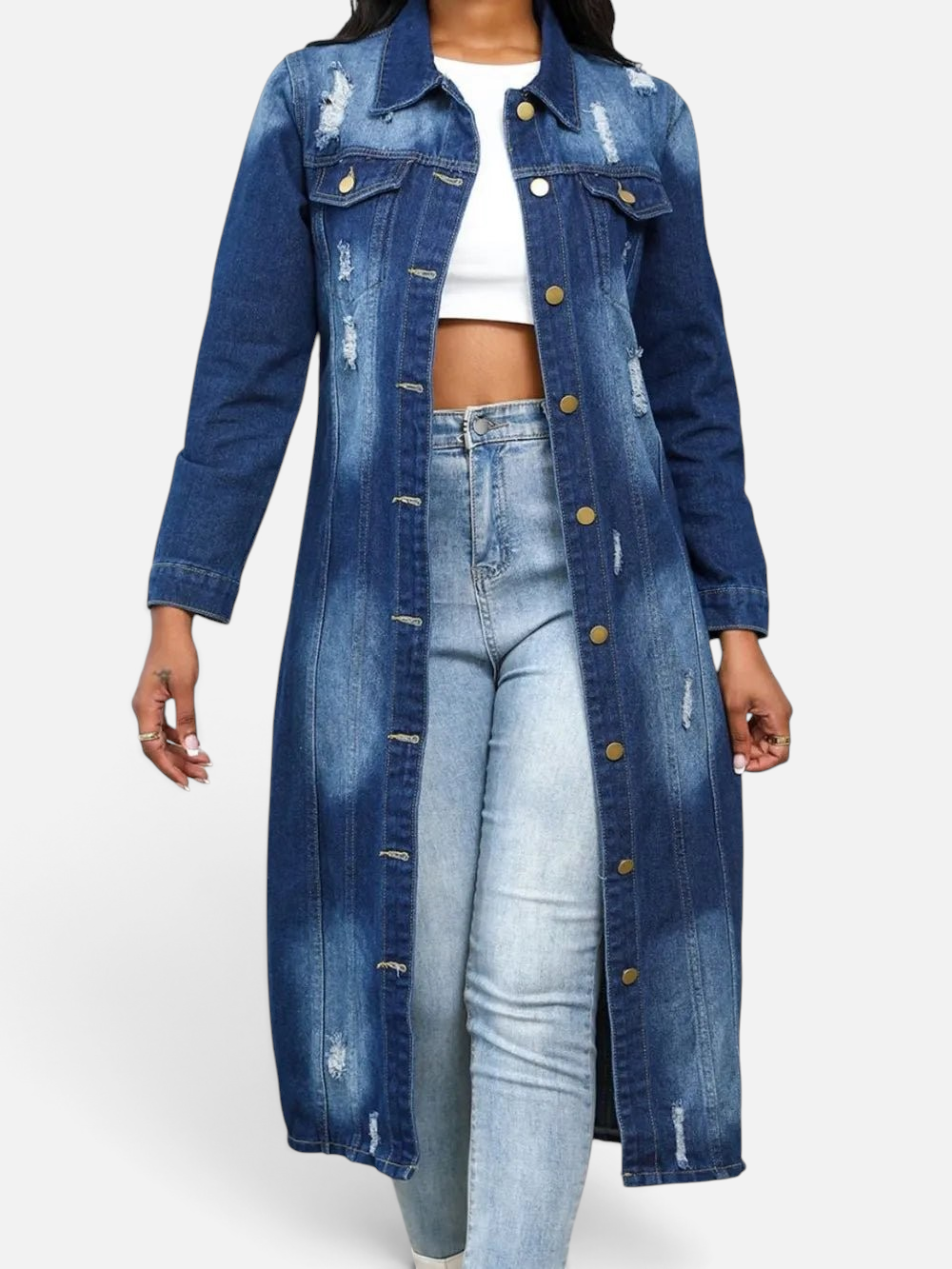 Front view of Distressed Button Up Collared Neck Denim Top in Medium showing neckline and sleeve details