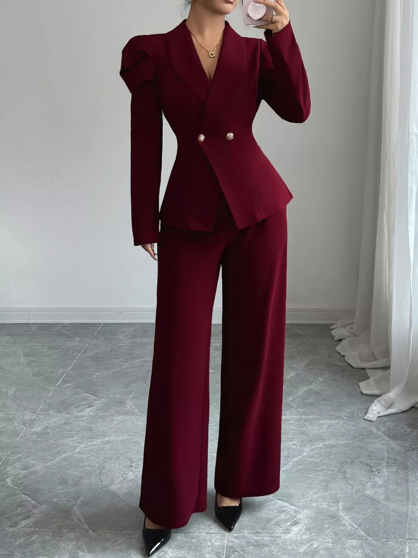 Front view of Double-Breasted Blazer and Pants Suit Set in Burgundy showing neckline and sleeve details