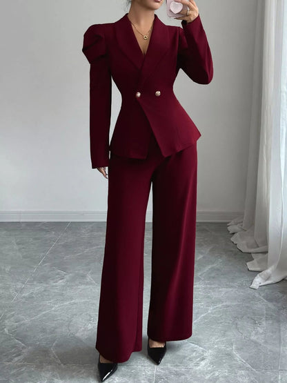 Front view of Double-Breasted Blazer and Pants Suit Set in Burgundy showing neckline and sleeve details