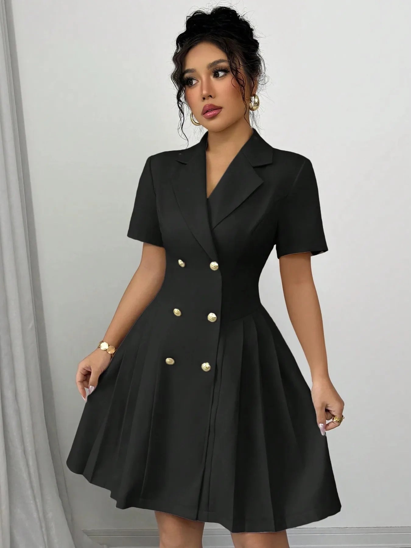 Front view of Double-Breasted Short Sleeve Dress in Black showing neckline and sleeve details
