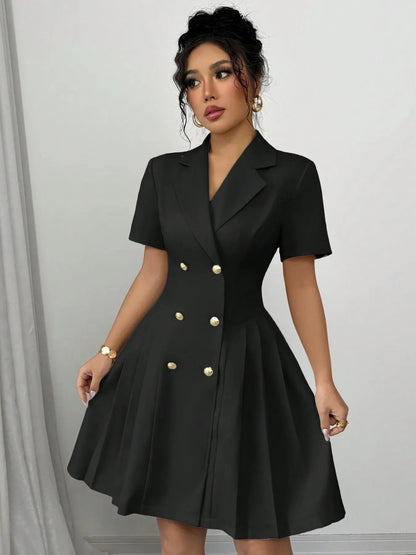 Front view of Double-Breasted Short Sleeve Dress in Black showing neckline and sleeve details