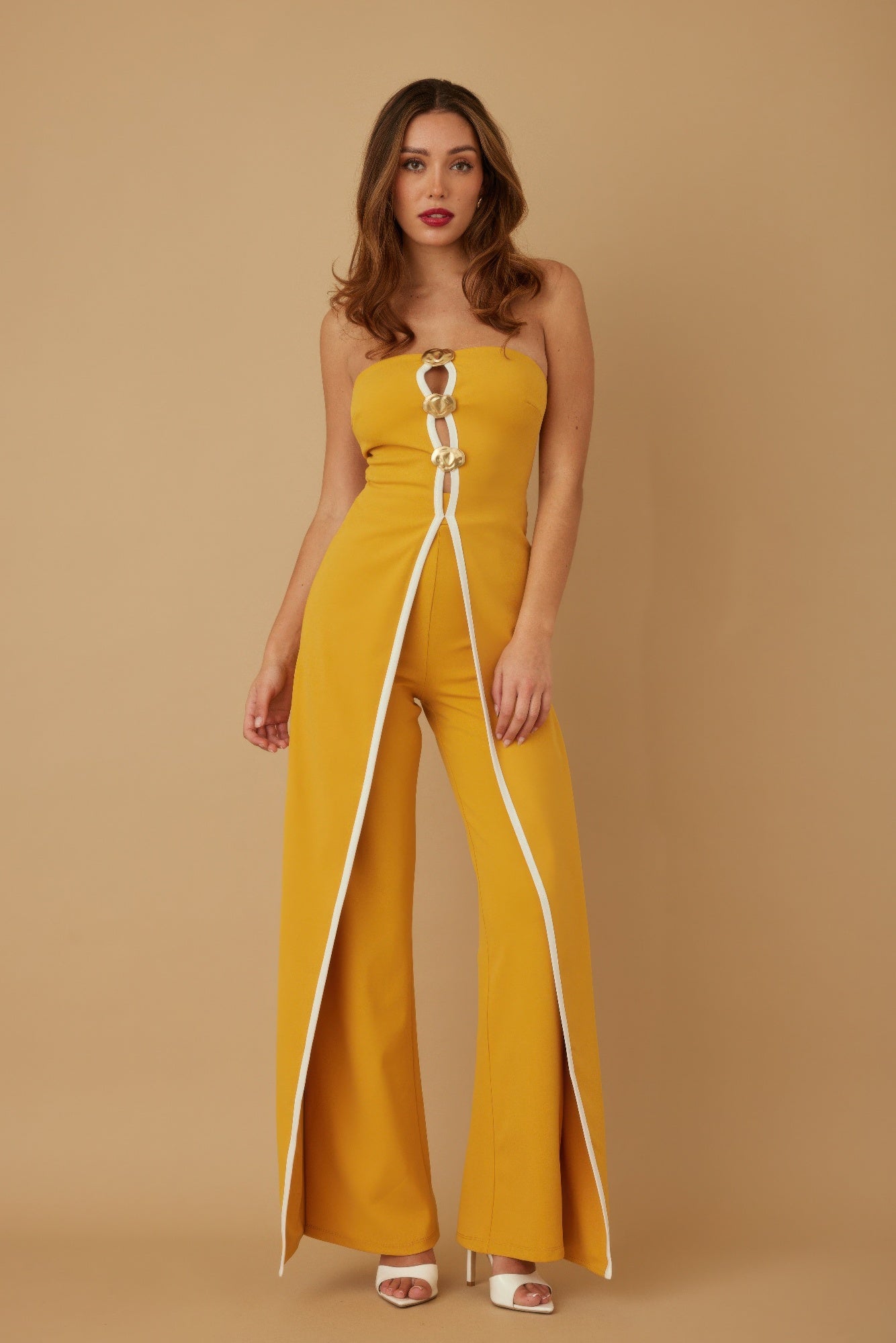 Front view of Double Flap Layer Strapless Jumpsuit showing neckline and sleeve details (95% polyester, 5% spandex for smooth)
