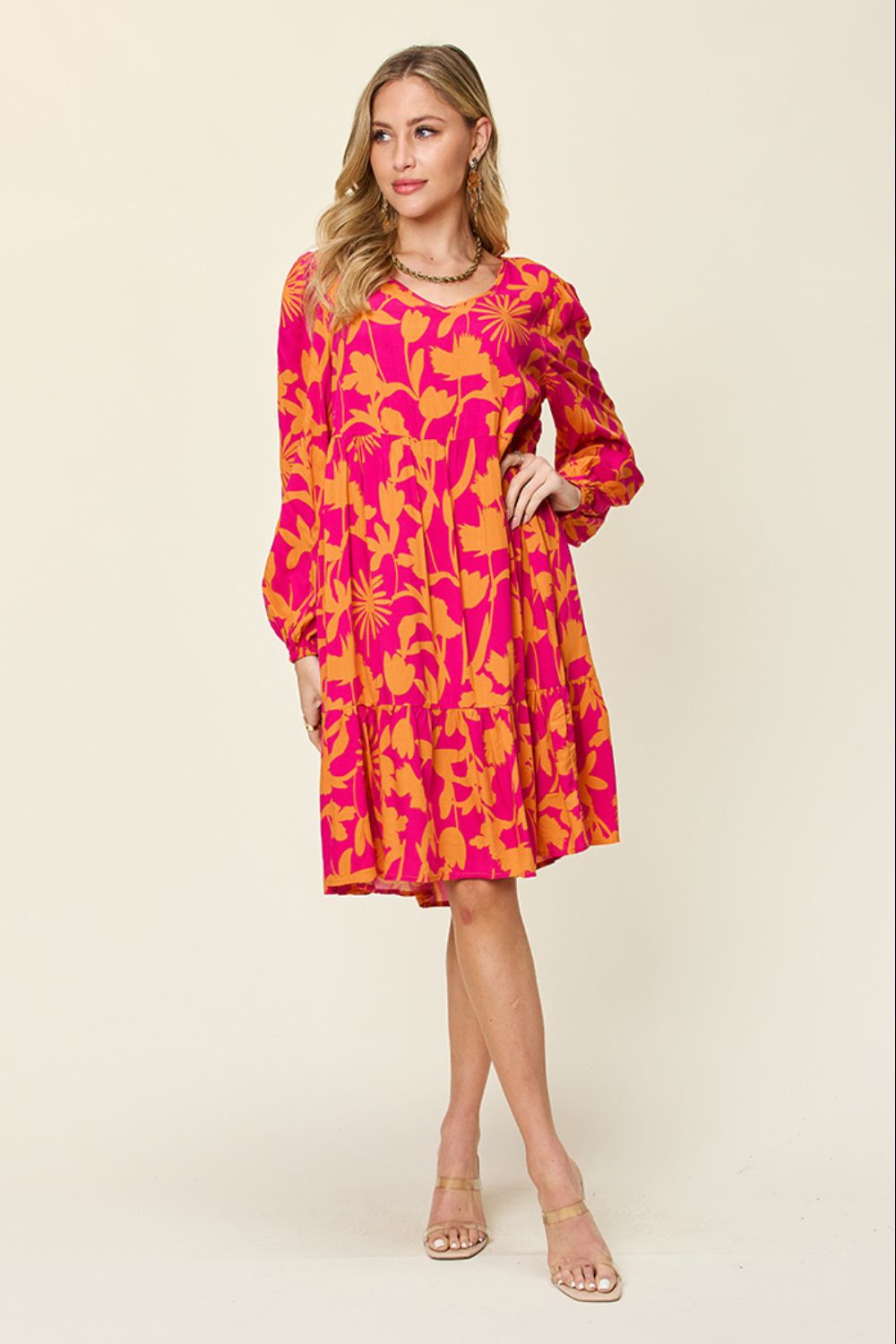Double Take Full Size Printed Ruffle Hem Dress with Pocket - Rochelle's House LLC