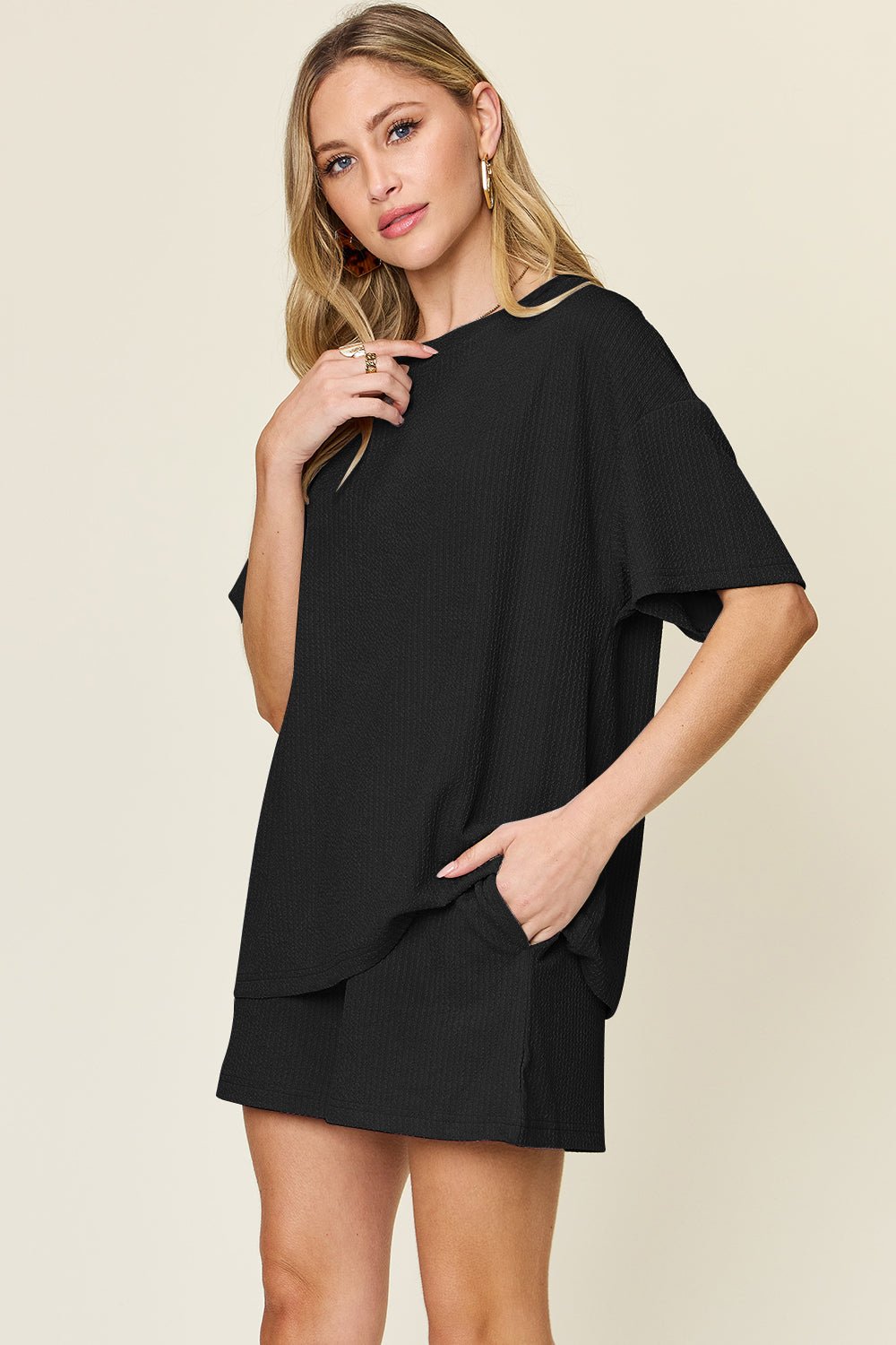 Double Take Full Size Round Neck Short Sleeve T-Shirt and Shorts Set - Rochelle's House LLC