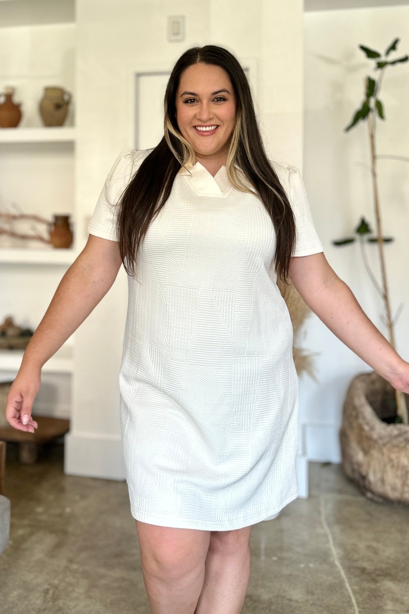 Double Take Full Size Texture Short Sleeve Dress - Rochelle's House LLC
