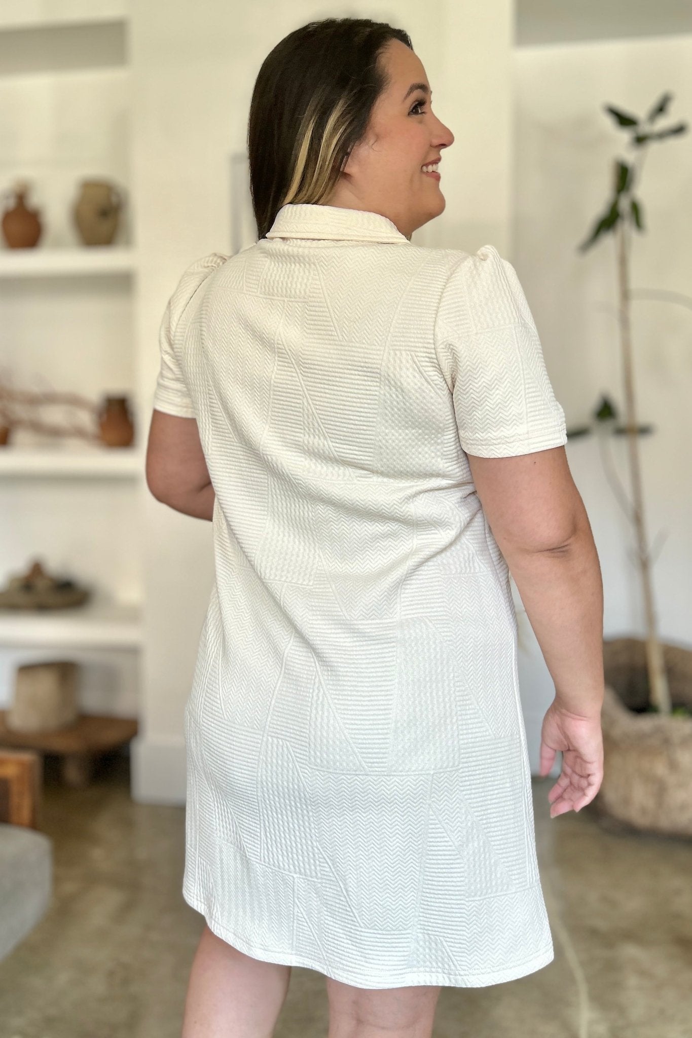 Double Take Full Size Texture Short Sleeve Dress - Rochelle's House LLC