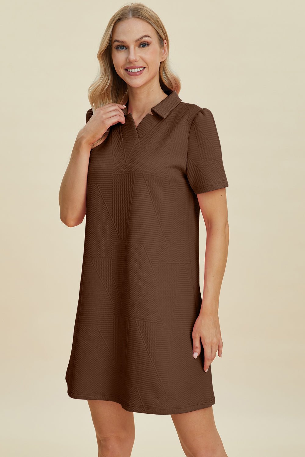 Double Take Full Size Texture Short Sleeve Dress - Rochelle's House LLC