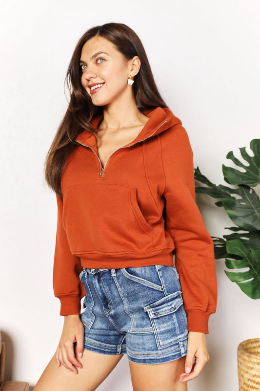 Front view of Double Take Half-Zip Long Sleeve Hoodie in Caramel showing neckline and sleeve details