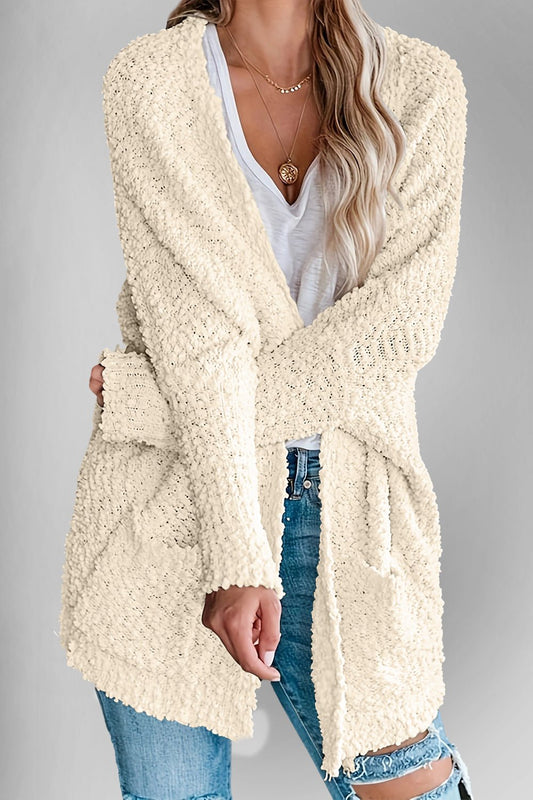 Front view of Double Take Pocketed Open Front Long Sleeve Cardigan in Cream showing neckline and sleeve details