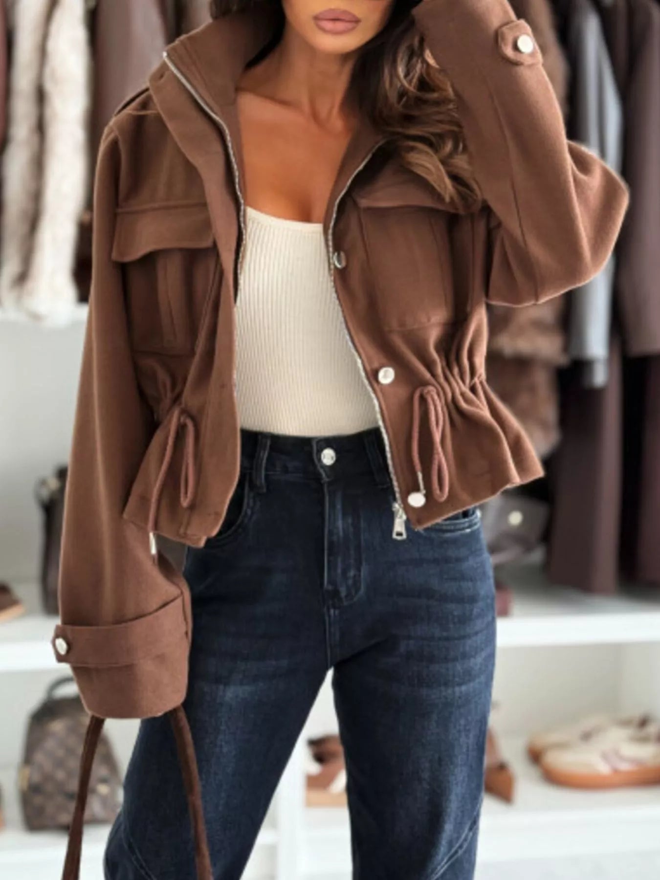 Drawstring Button - Up Casual Jacket - Rochelle's House LLC