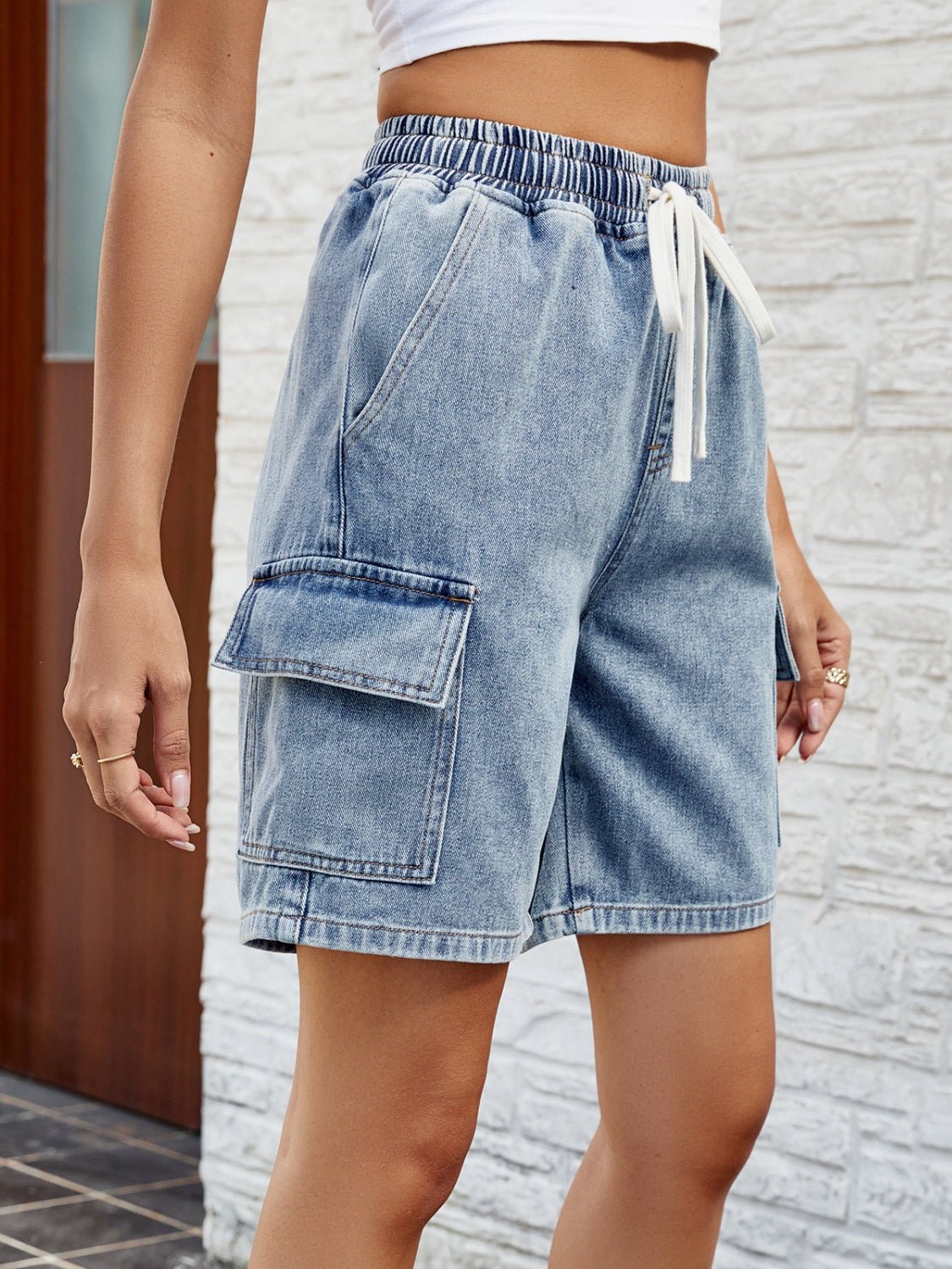 Drawstring Denim Shorts with Pockets - Rochelle's House LLC