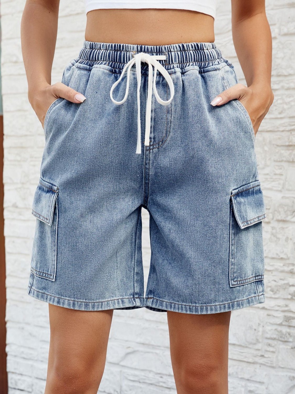 Drawstring Denim Shorts with Pockets - Rochelle's House LLC