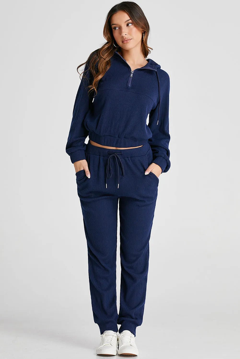 Drawstring Half Zip Hoodie and Joggers Active Set - Rochelle's House LLC