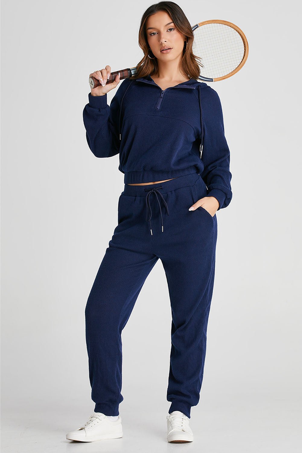 Drawstring Half Zip Hoodie and Joggers Active Set - Rochelle's House LLC