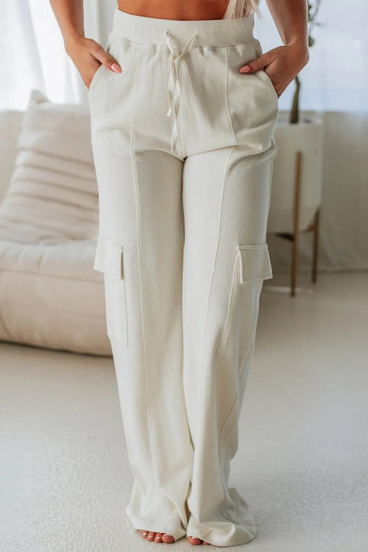 Front view of Drawstring High Waist Pants with Pockets in Ivory showing neckline and sleeve details