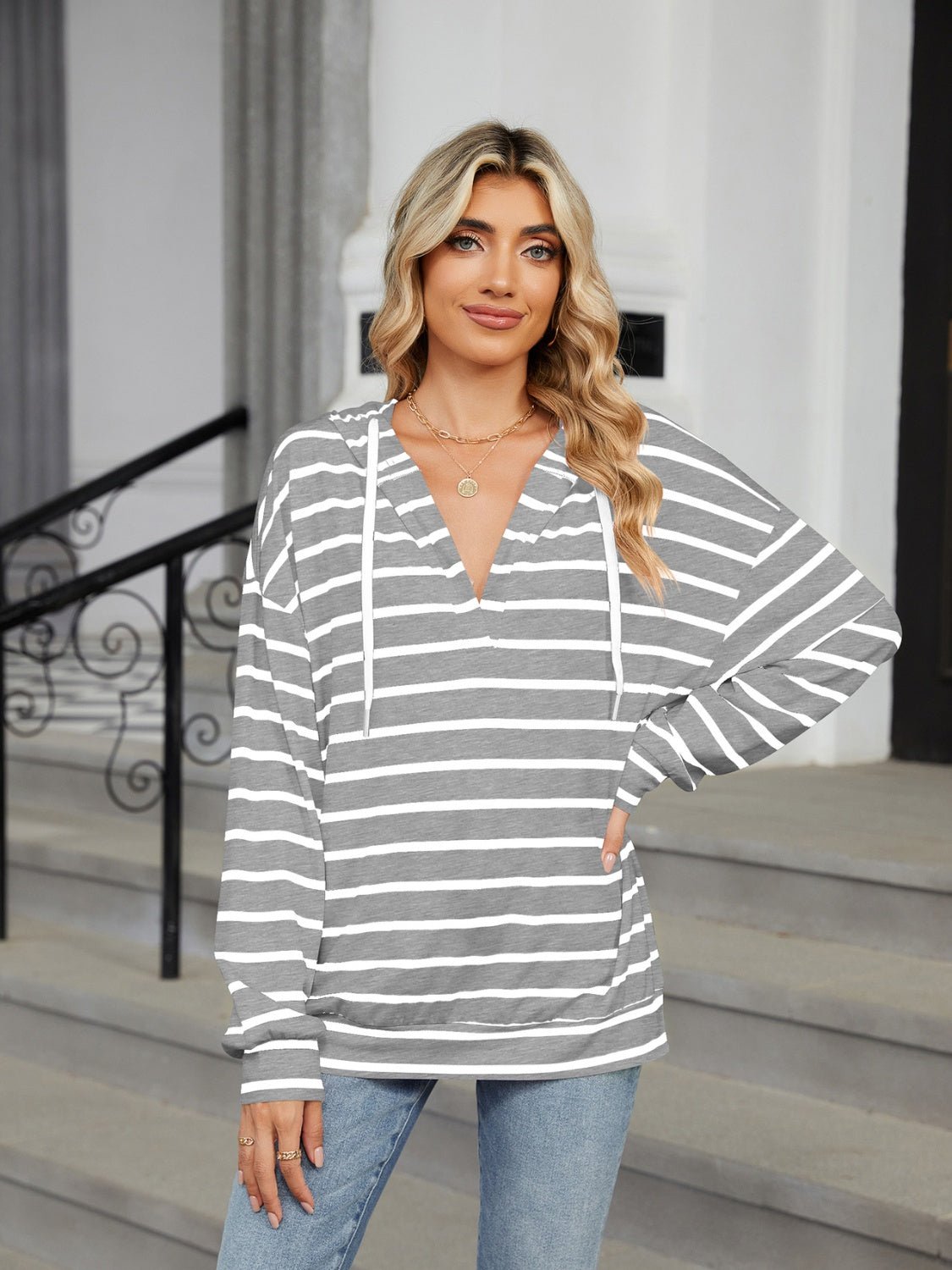 Drawstring Striped Long Sleeve Hoodie - Rochelle's House LLC