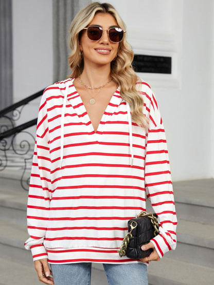 Drawstring Striped Long Sleeve Hoodie - Rochelle's House LLC