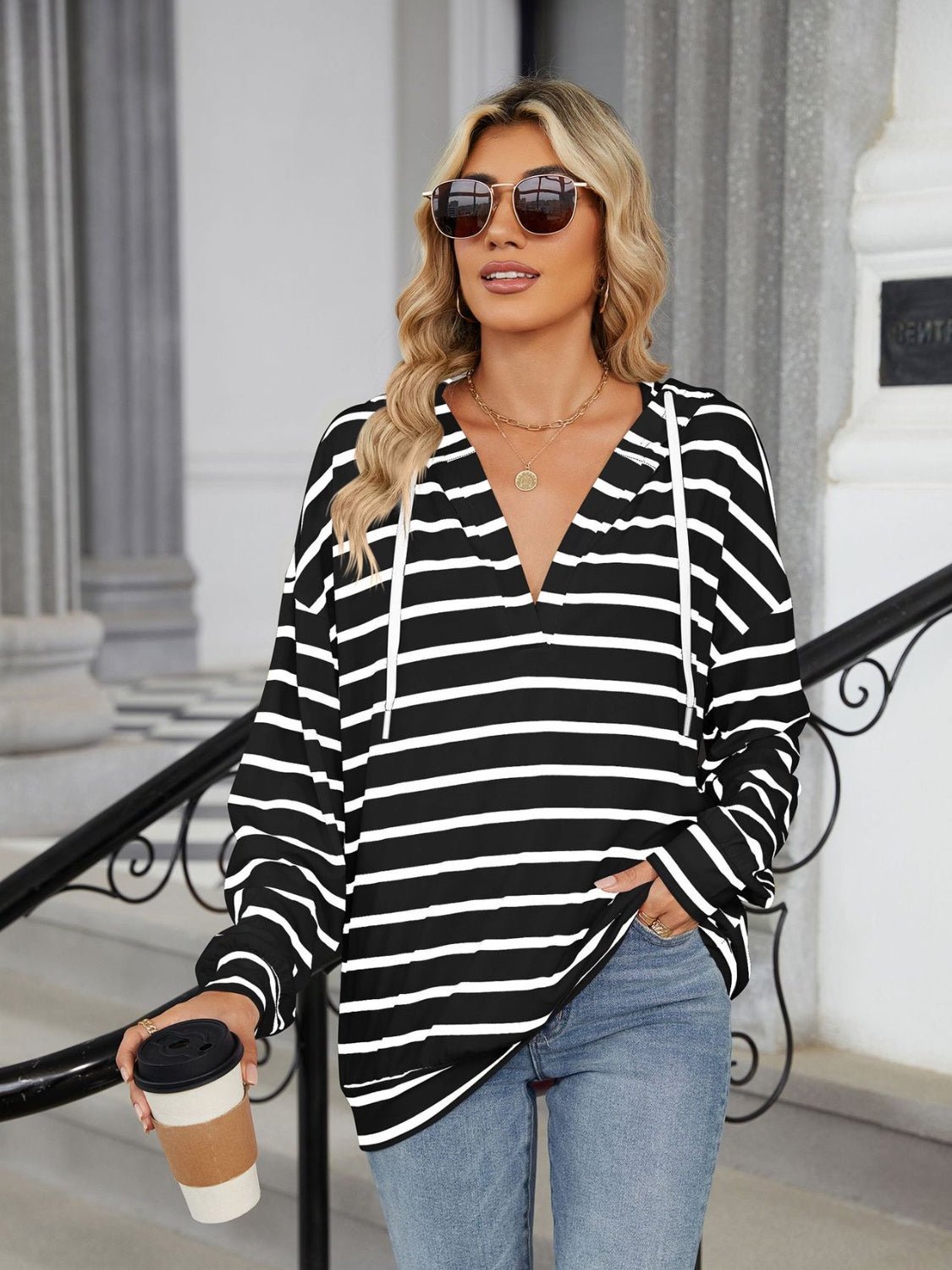 Drawstring Striped Long Sleeve Hoodie - Rochelle's House LLC