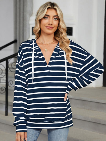 Drawstring Striped Long Sleeve Hoodie - Rochelle's House LLC