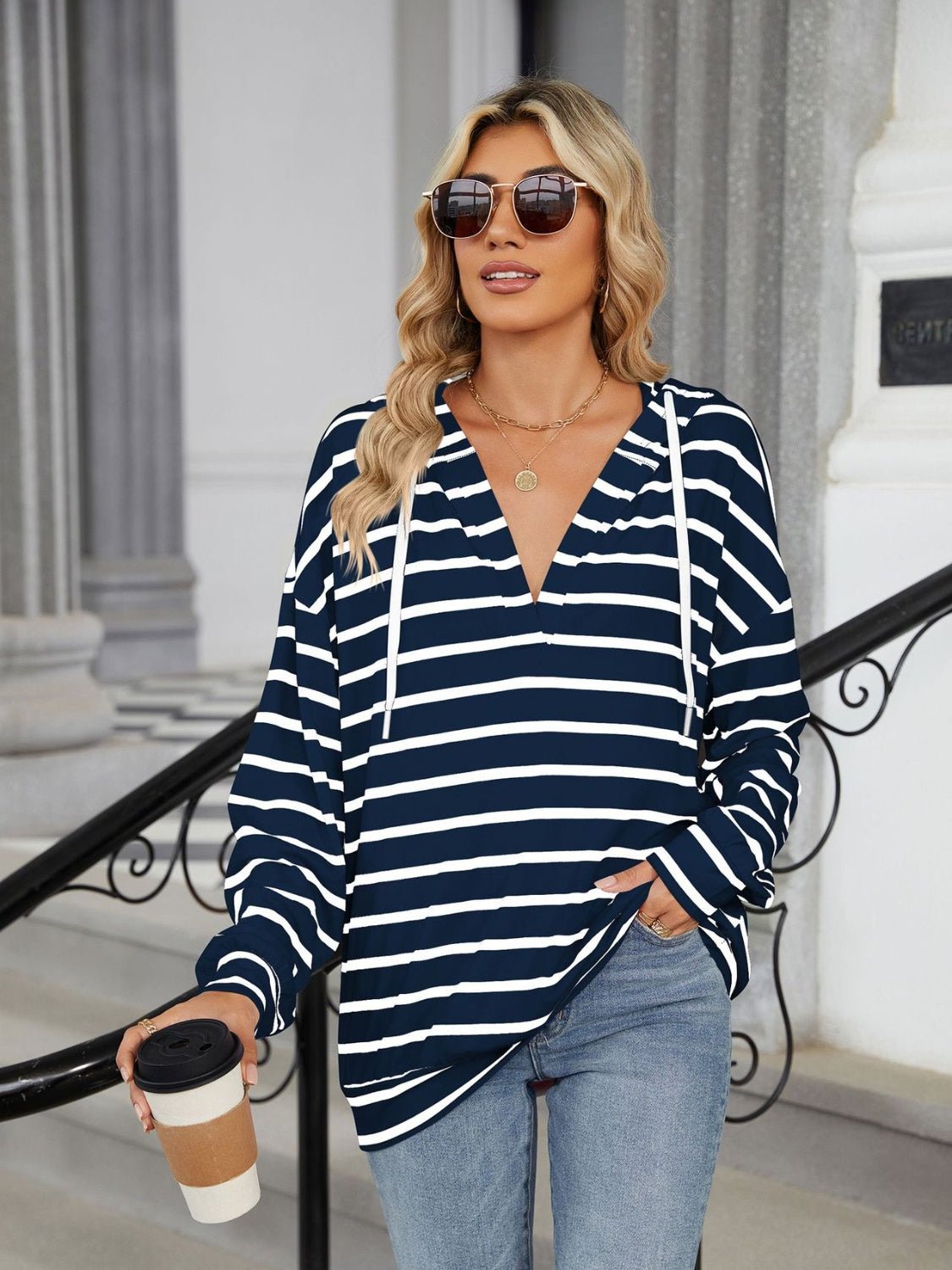 Drawstring Striped Long Sleeve Hoodie - Rochelle's House LLC
