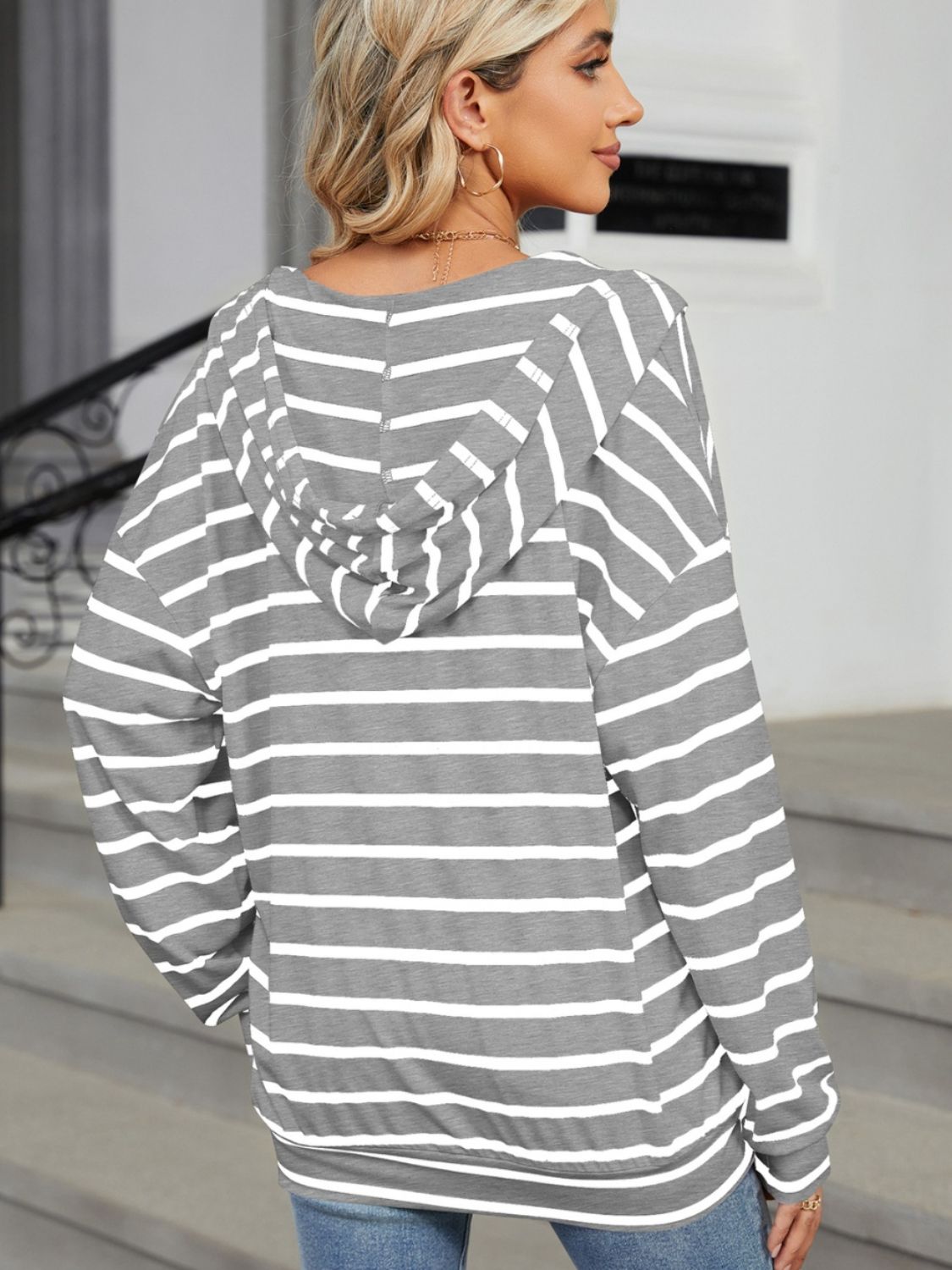 Drawstring Striped Long Sleeve Hoodie - Rochelle's House LLC