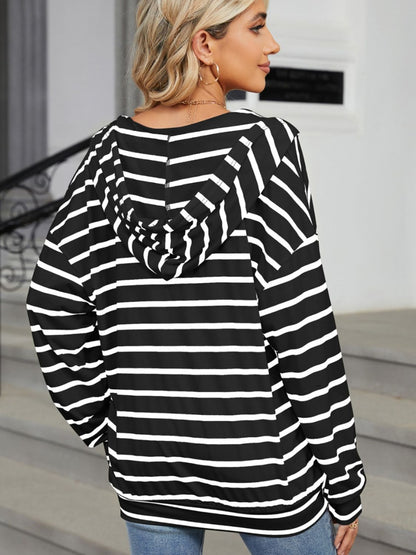 Drawstring Striped Long Sleeve Hoodie - Rochelle's House LLC