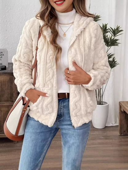 Drawstring Zip - Up Fleece Hooded Outerwear - Rochelle's House LLC