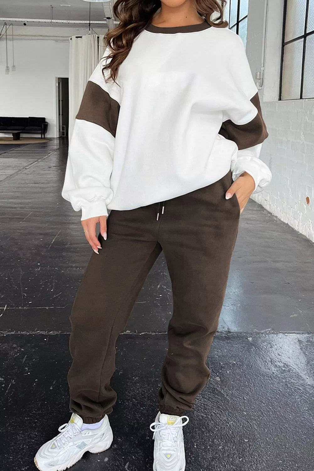 Front view of Drop Shoulder Loose Sweatshirt and Joggers Active Set in Chocolate showing neckline and sleeve details