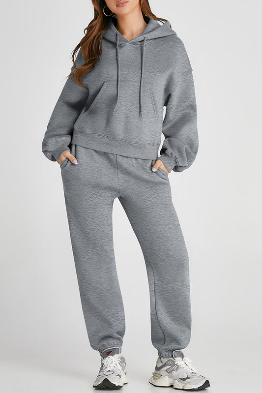 Front view of Dropped Shoulder Hooded Top and Pants Active Set in Gray showing neckline and sleeve details