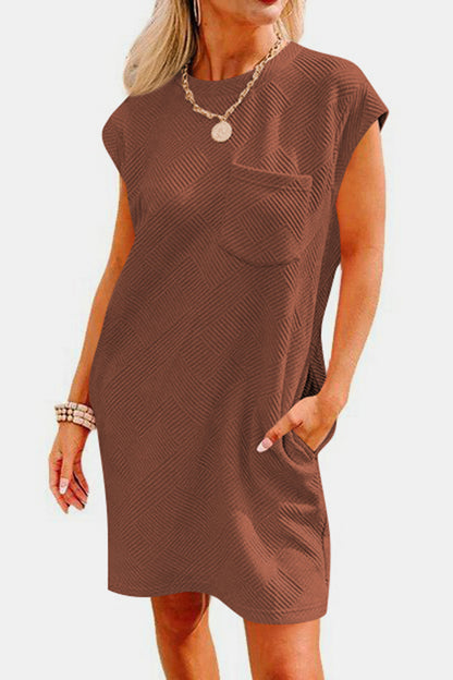 Women's Clothing, Textured Round Neck Cap Sleeve Dress, Front View Chestnut, Rochelle's House