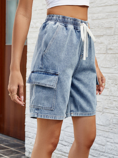 Women's Clothing, Drawstring Denim Shorts with Pockets, Side View, Rochelle's House