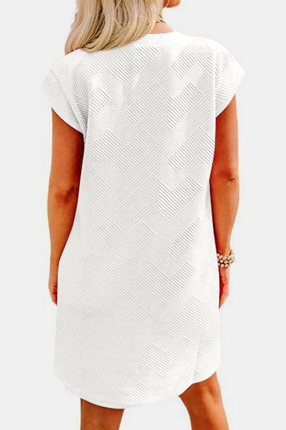 Women's Clothing, Textured Round Neck Cap Sleeve Dress, Back View White, Rochelle's House